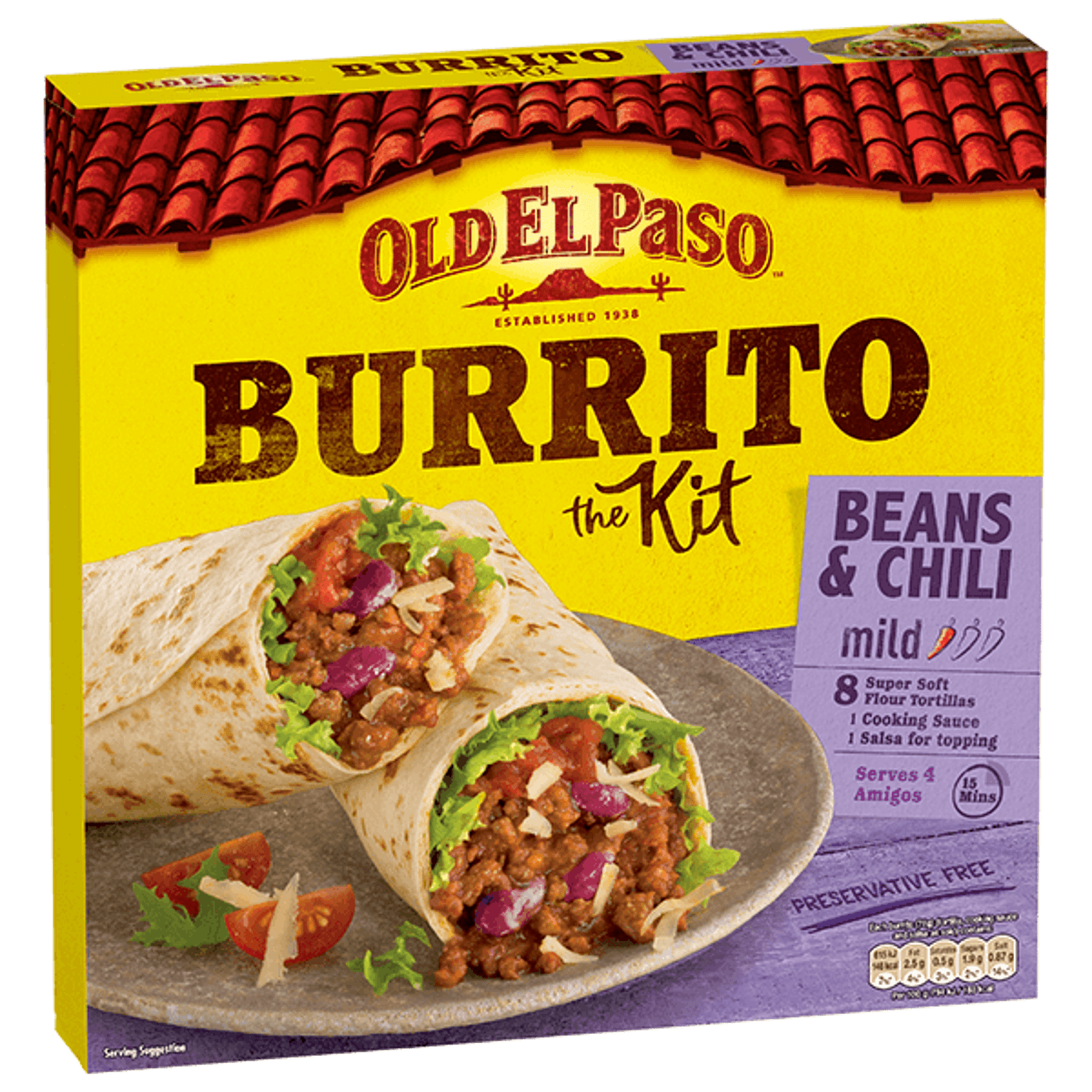 pack of Old El Paso's beans & chili mild burrito kit containing soft flour tortillas, cooking sauce & salsa (620g)